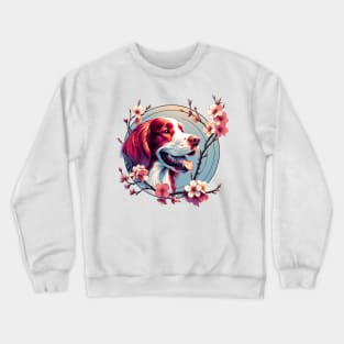 Joyful Irish Red and White Setter Amidst Spring Cherry Blossoms Crewneck Sweatshirt